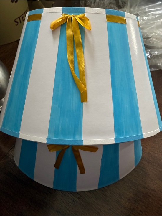 Vintage Other - Pair Vintage French Blue and White Striped Lamp Shade with Gold Ribbon Accents